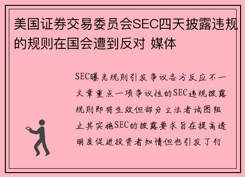 美国证券交易委员会SEC四天披露违规的规则在国会遭到反对 媒体