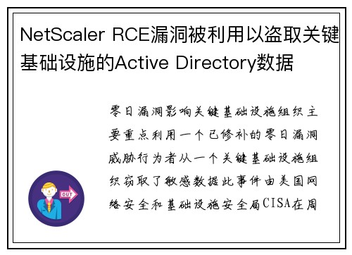 NetScaler RCE漏洞被利用以盗取关键基础设施的Active Directory数据 